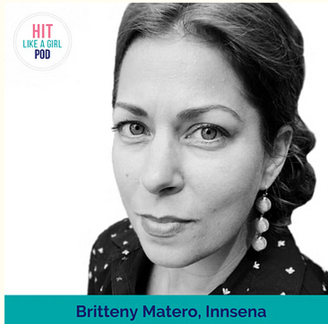 A black and white picture of a woman with her hair in a bun. Black text below her portrait reads "Britteny Matero, Innsena"